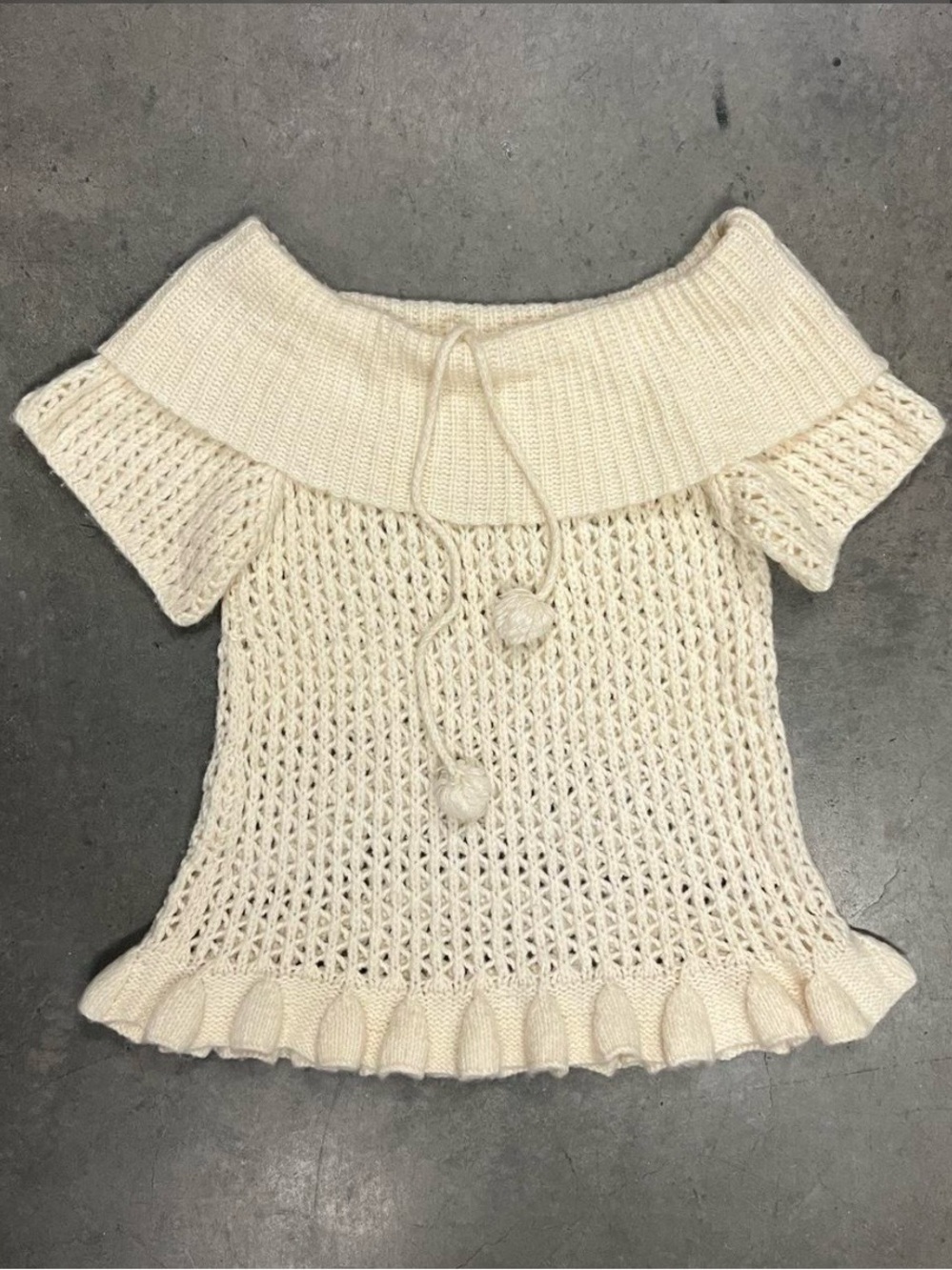 Jill Stuart Cream Off-Shoulder Open-Knit Sweater with Pom Ties